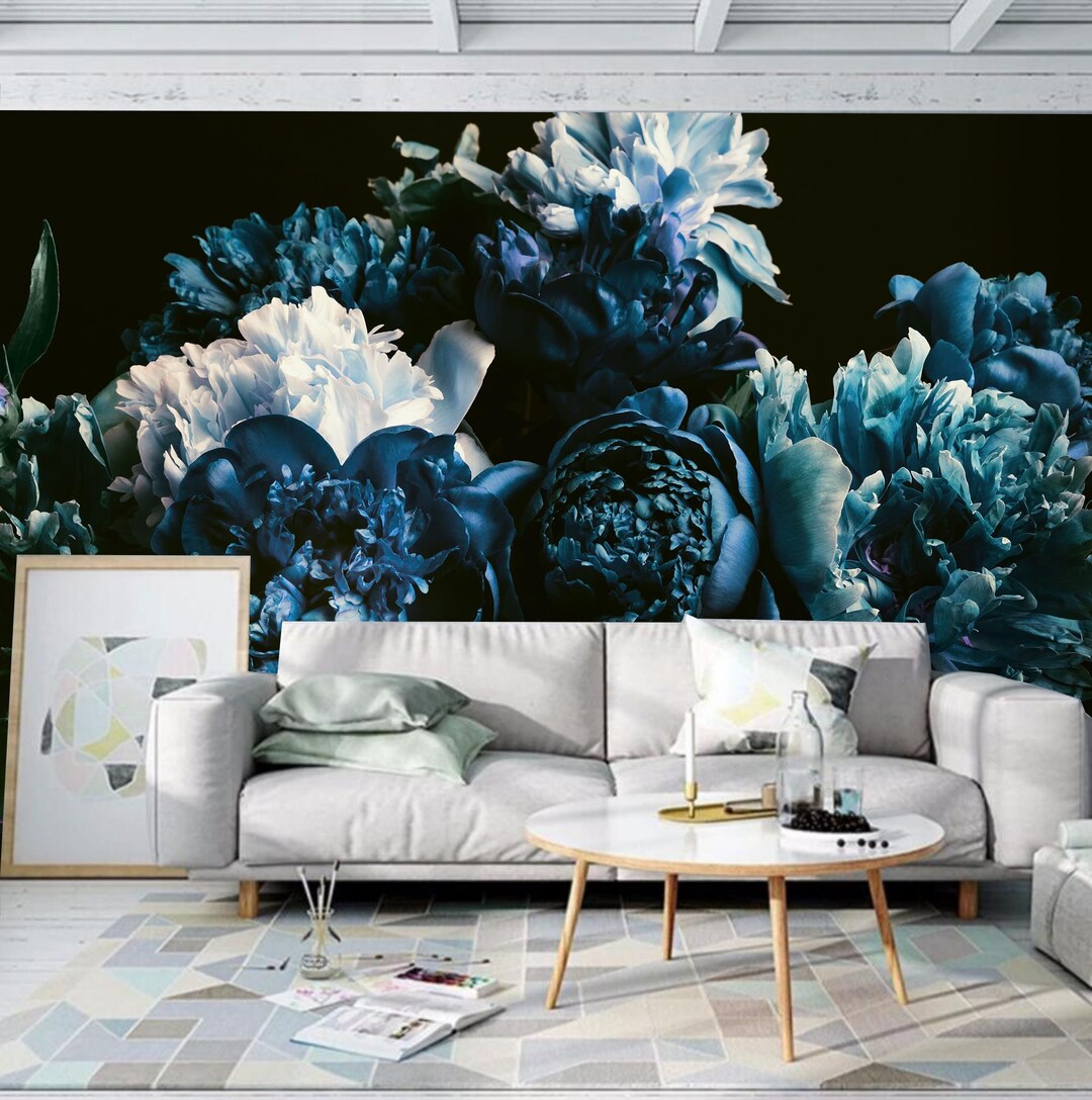 Blue Peony Floral Wallpaper Mural: Dark Background, Peel & Stick - Etsy