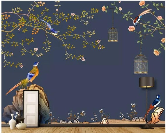Chinoiserie Brushwork Hand Painted Hanging Cherry Tree and Birds Wallpaper Vivid Birds Floral Wallpaper Home Decor Wall Murals