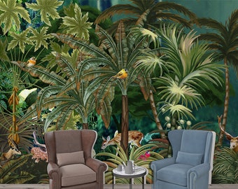Tropical Rainforest Palm Tree Pine Trees Wallpaper, Deer and Birds Wall Mural, Living Room or Bedroom Wallpaper Wall Murals