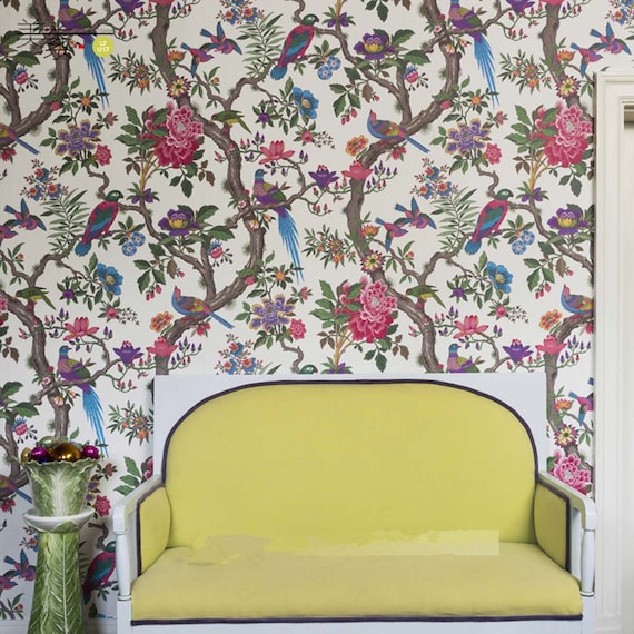 Herbs and Beautiful Flowers Wallpaper Chinoiserie Mural Gold Two Big Peacocks Wallpaper Wallpaper Wall Decor Home Decor Wall Murals