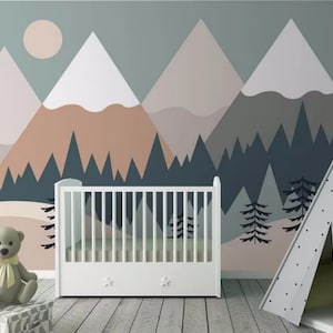 Carta da parati per cameretta dei bambini con triangoli, geometrie e montagne, alberi, foreste e montagne, murales per la cameretta dei bambini.