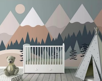 Triangle Geometry Mountains Nursery Wallpaper, Trees Forest and Mountains Kids Babies Room Wall Murals