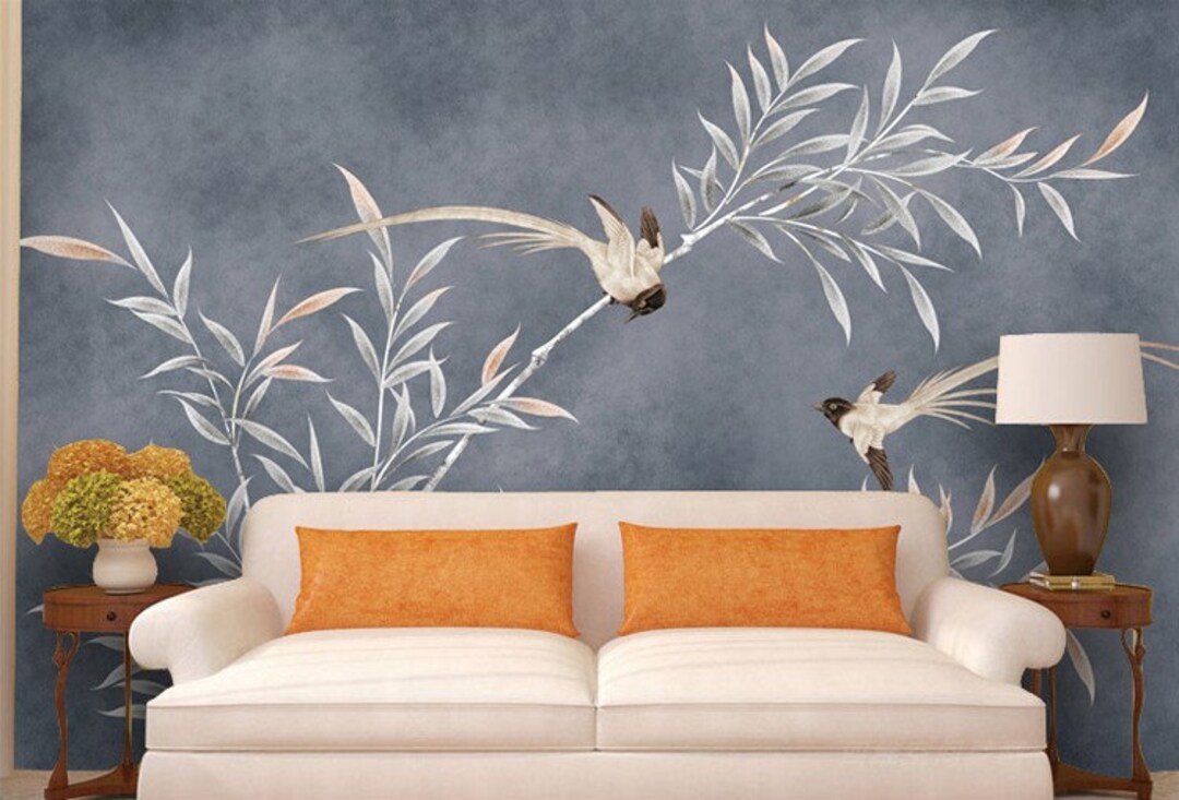 Chinese Style Flying Birds Wallpaper Grey Background Wall - Etsy