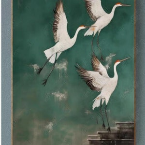 100% handgemaakt olieverfschilderij, groene achtergrond vliegende kranen olieverfschilderij, handgemaakte Chinese stijl muurkunst voor woonkamer slaapkamer (geen lijst)