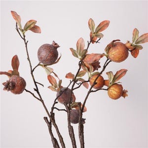 Pode incluir: Ramos artificiais de romã com frutos texturizados castanho-avermelhados e folhas verdes e laranja suaves. Os ramos são castanhos escuros, criando uma estética natural e outonal. Ideal para decoração de casa.