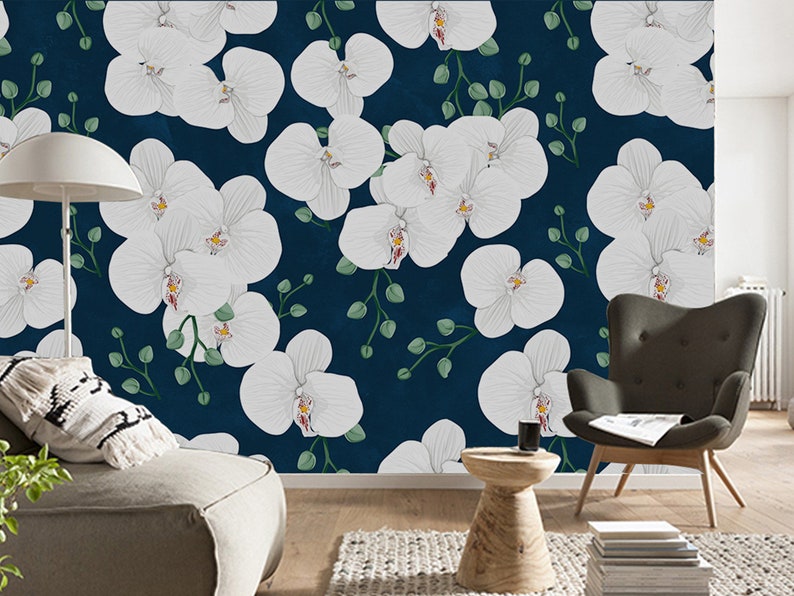 Water Color Dark Blue Background White Big Flower Wallpaper Image 0