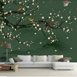 Dark Green Background Hanging Plum Tree Wallpaper, Flying Birds and Mountains Wall Murals Wall Decor