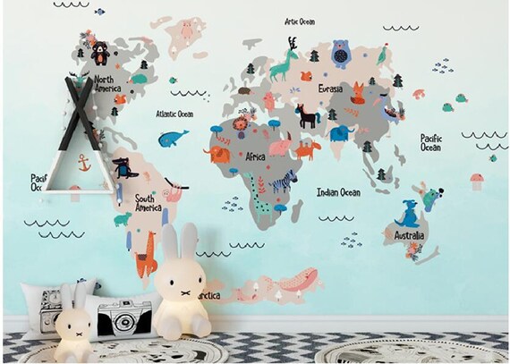 Cartoon World Map Wallpaper Animal Cartoon Map Wall Mural Etsy