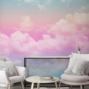 Abstract Handpainted Colorful Pink and Blue Clouds Wallpaper, Colorful Rainbow Creative Clouds Wall Murals Wall Decor