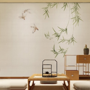 Chinoiserie Brushwork Hanging Bamboo with Birds Wallpaper Wall Murals Wall Decor