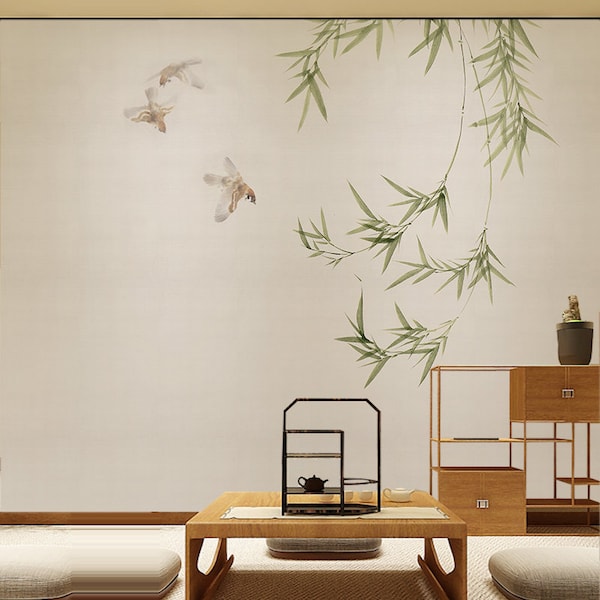 Chinoiserie Brushwork Hanging Bamboo with Birds Wallpaper Wall Murals Wall Decor