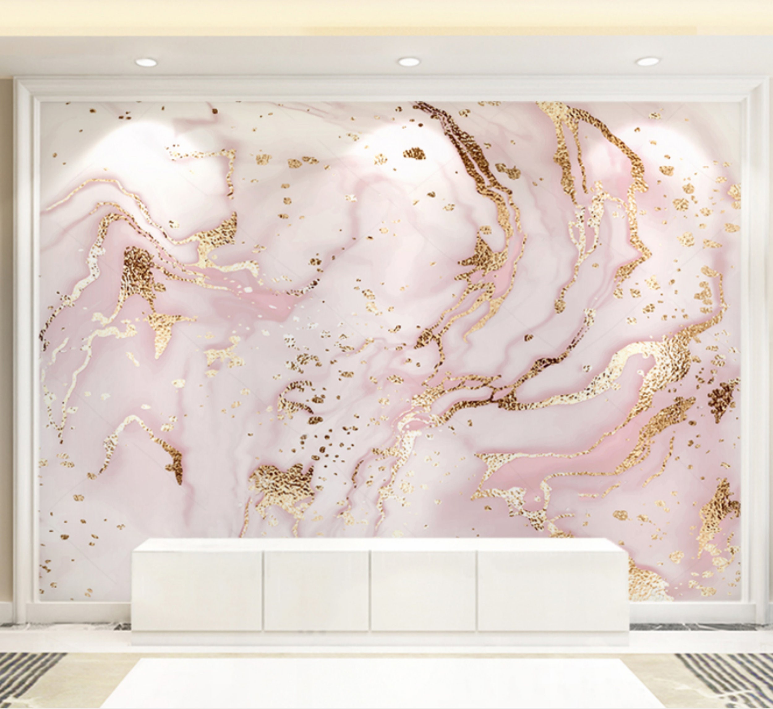 Dreamy Marble Mural in Pastel Pink with Gold