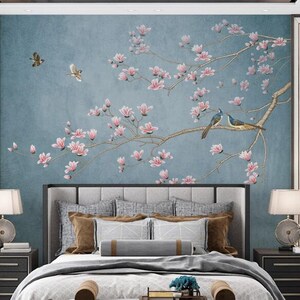 Chinoiserie Brushwork Hanging Magnolia Flower Tree Wallpaper, Vivid Birds and Flowers Floral Wall Murals Wall Decor