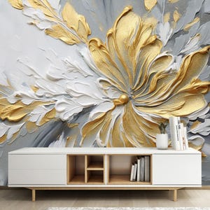 Mural de pared con diseño floral abstracto de flores doradas para decoración del hogar