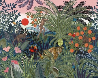 Tropical Rainforest FruitsTrees Tropical Plants Jungle Wallpaper,  Oil Painting Monkeys, Tiger and Bird Wall Murals Wall Decor