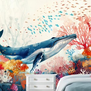 Cartoon Blue Shark Coral Seaworld Undersea Kids' Babies' Children's Room Nursery Wallpaper Wall Mural Home Decor