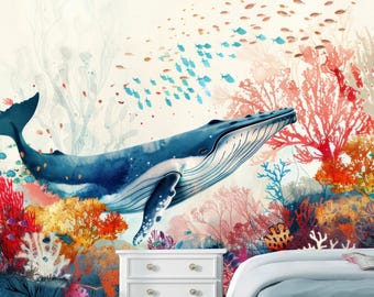 Cartoon Whale Nursery Wallpaper: Undersea Seaworld Wall Mural
