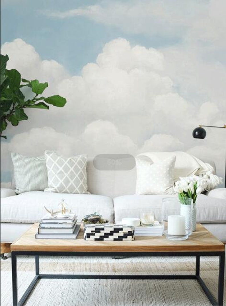 Abstract White and Blue Clouds Nursery Wallpaper, Sky Blue Clouds Baby's Room Nursery or Kid's Room Wall Murals Wall Decor image 5