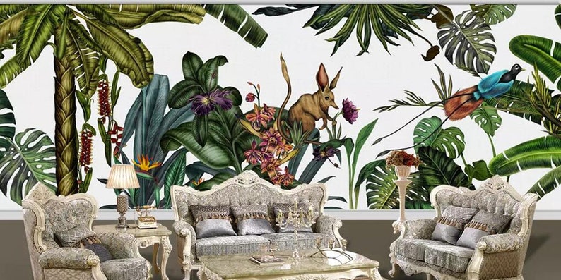 Southeast Asia Rabbit and Bird Wall Mural Tropical Rain Forest Wallpaper Wall Mural Living Room Bedroom Wallpaper Wall Decor