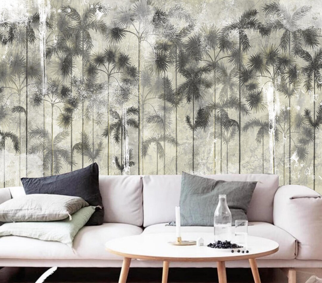 Grey Palm Tree Forest Wallpaper Mural: Peel and Stick - Etsy
