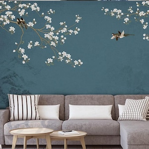 Chinoiserie Hanging Magnolia Blossom Tree Wallpaper, Flying Vivid Birds and Mountains Home Decor Wall Murals