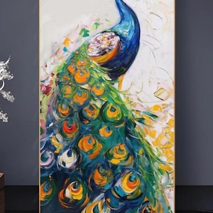 100% Handmade Oil Painting, Peacock Oil Painting, Handmade Vivid Peacock Wall Art Picture Living Room Bedroom Decor (No Frame)