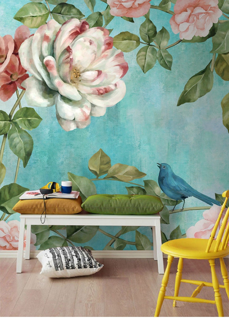 3D Floral Wall Wallpaper Birds and Big Flowers Blue Wall | Etsy