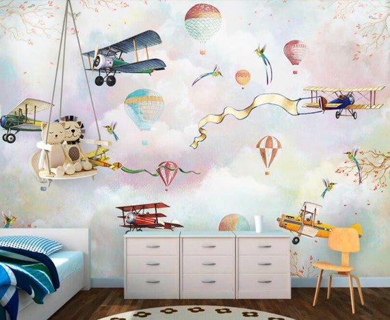 Cartoon Hot-air Balloon Wallpaper Clouds and Cherry Blossom - Etsy Cartoon Hot-air Balloon Wallpaper Clouds and Cherry Blossom - Etsy
