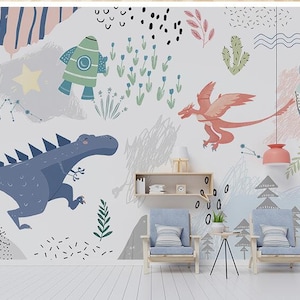 Cartoon Dinosaurs Nursery Wallpaper Wall Mural, Dinosaurs with Trees Forest Kids Children Wall Murals