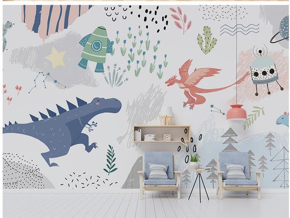 Cartoon Dinosaurs Nursery Wallpaper Wall Mural Dinosaurs With - Etsy Cartoon Dinosaurs Nursery Wallpaper Wall Mural Dinosaurs With - Etsy