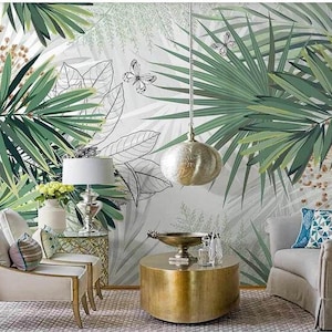 Tropical Rain Forest Palm Wallpaper Wall Mural, Southeast Asia Flying Butterfly and Leaves Wall Mural Wall Decor