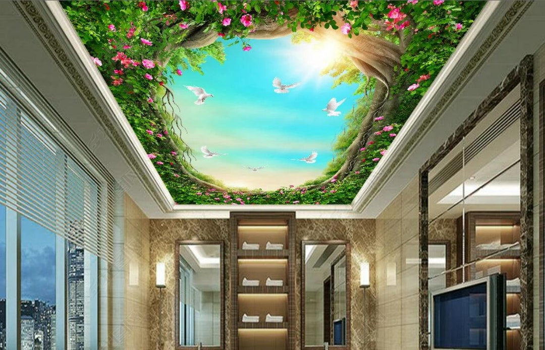 Pink Rose Flower Sky Blue and Pigeon Living Room Bedroom Ceiling ...