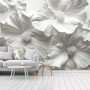 Carta da parati floreale con fiori bianchi 3D: decorazione da parete per il soggiorno