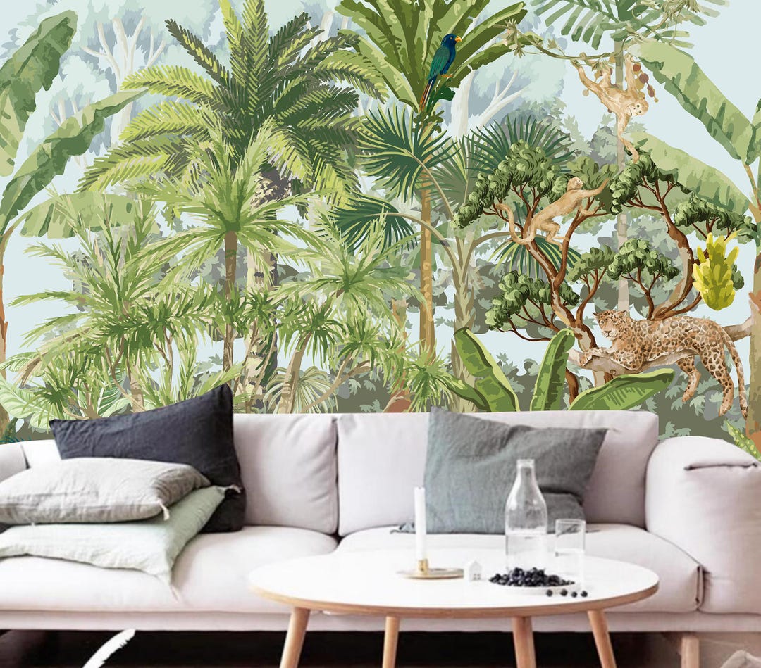 Tropical Rainforest Wallpaper Mural: Peel and Stick Jungle Animals - Etsy