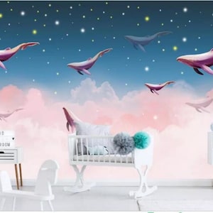 Carta da parati per cameretta Flying Whales: murale da sogno con cielo rosa e blu