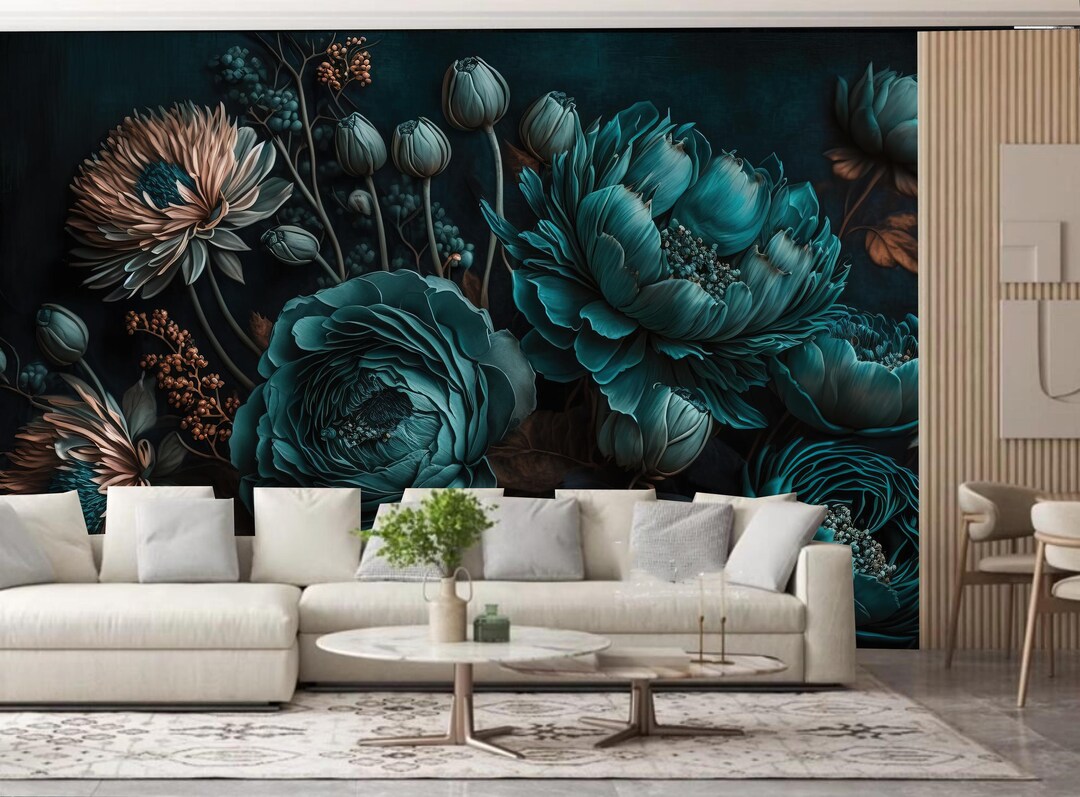 Dark Floral Peony Wallpaper Mural: Green Botanical Wall Decor - Etsy