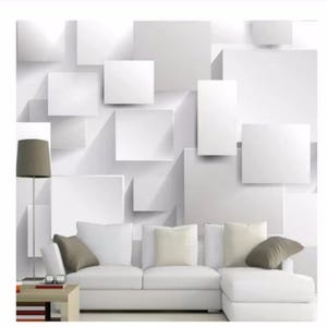 Modern White Brick Wall Mural: Minimalist Living Room Decor
