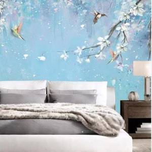 Chinoiserie Hanging Magnolia Flowers with Flying Birds Blue Background Wallpaper Wall Mural for Living Room Bedroom or Dinning Room