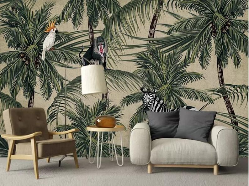 Tropical Rain Forest Coconut Palm Wallpaper Wall Mural Southeast Asia s Monkeys Birds and Zebra Wall Mural Wall Decor