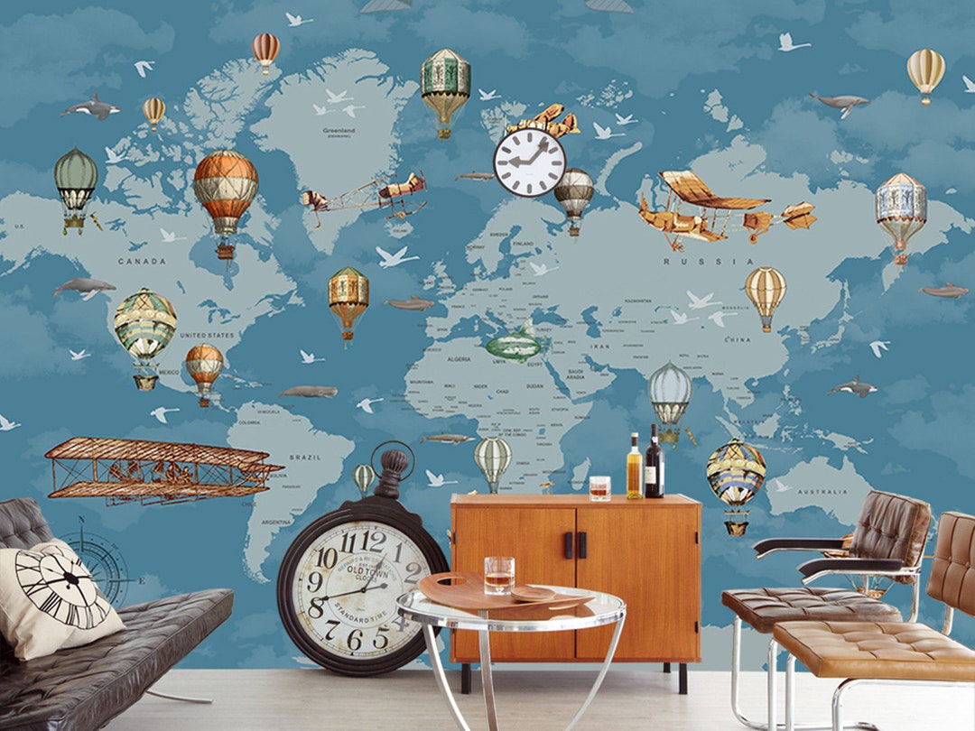 Cartoon World Map Wallpaper, Animals Cartoon Map Wall Mural, Hot-air