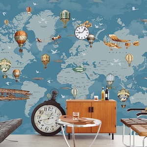 Cartoon World Map Wallpaper, Animals Cartoon Map Wall Mural, Hot-air Balloon and  Airplane Wall Art,  Kids and Nursery Bedroom Wall Paper