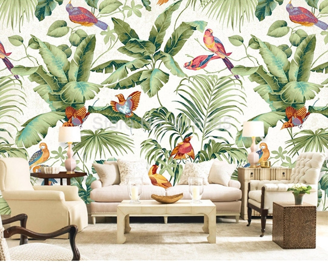 Tropical Rainforest Wallpaper Mural: Peel and Stick Bird & Flower Wall ...