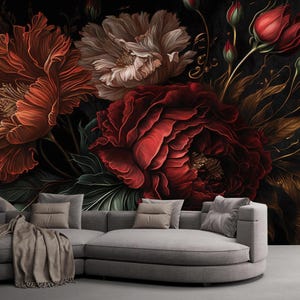 Dark Background Red Blooming Peony Flowers Floral Wallpaper Wall Mural Home Decor