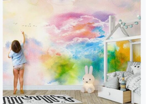 Watercolor Colorful Clouds Nursery Wallpaper Creative Clouds | Etsy