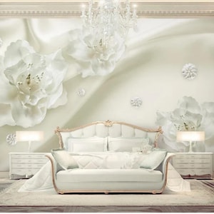 Carta da parati 3D elegante con grandi fiori bianchi, carta da parati murale per soggiorno, camera da letto, TV, carta da parati per pareti
