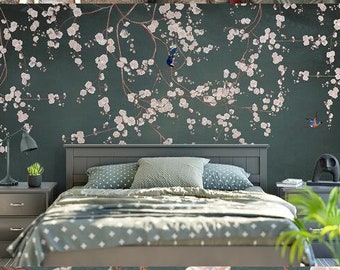 Fine Brushwork Vine Plum Blossom Flowers Birds Chinoiserie Wallpaper Wall Murals, Exquisite Plum Flowers Chinoiserie Wall Murals