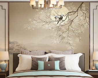 Brown Bird and White Hanging Flower Living Room Decoration Bedroom Decoration Wall Murals