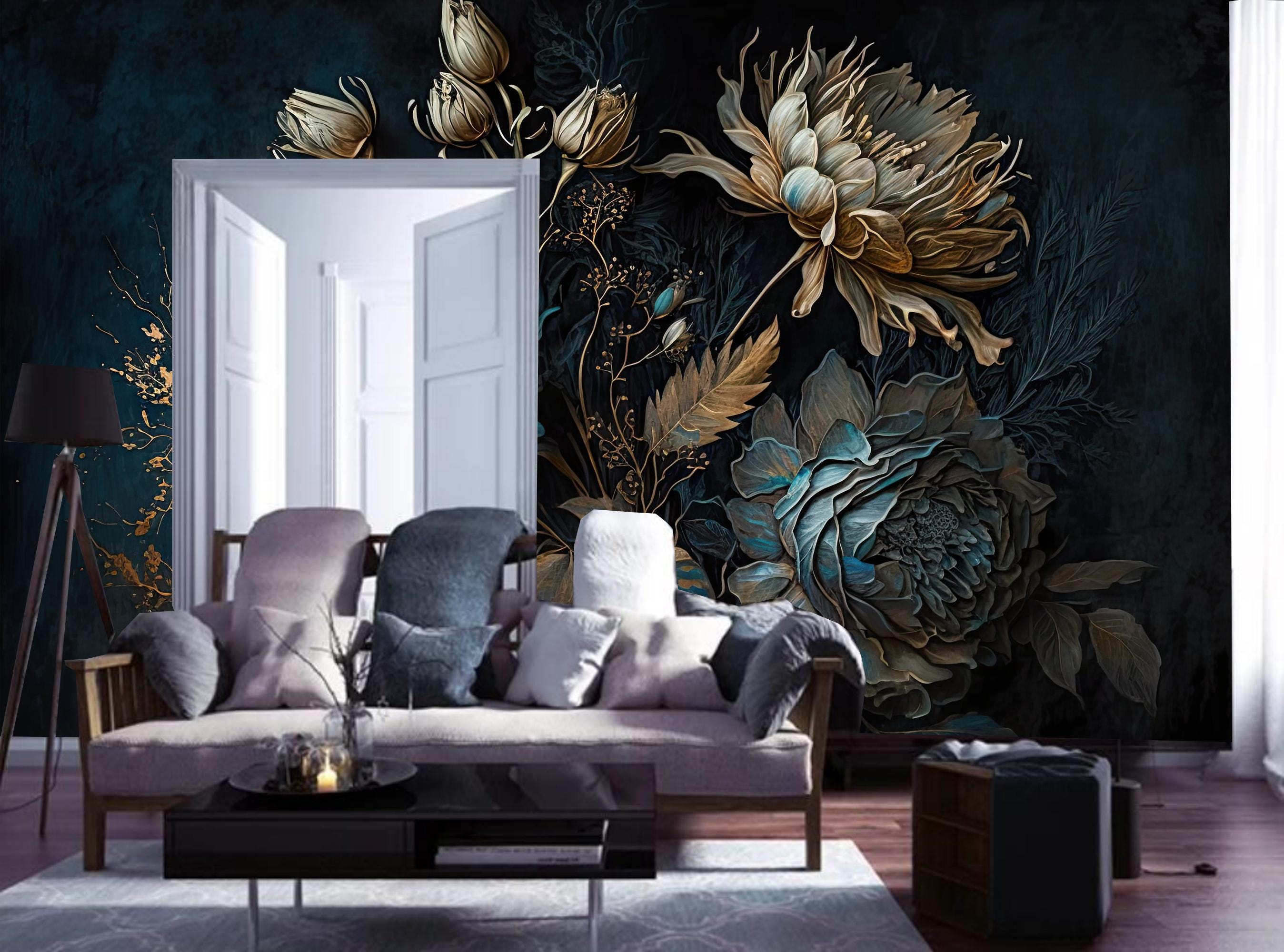 Dark Floral Peony Wallpaper Mural: Peel and Stick - Etsy