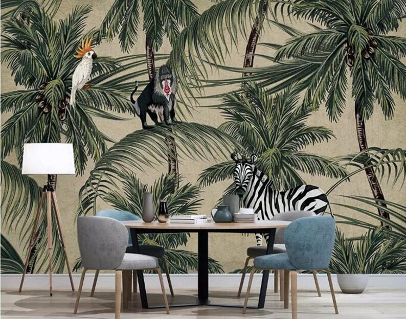 Tropical Rain Forest Coconut Palm Wallpaper Wall Mural Southeast Asia s Monkeys Birds and Zebra Wall Mural Wall Decor