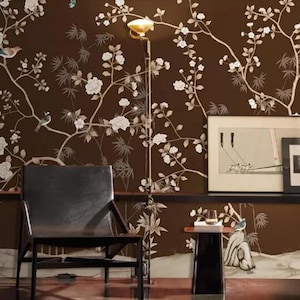 Chinoiserie Brushwork Dark Brown Background Flowers & Birds Wallpaper, Home Decor Wall Murals, Flying Bird and Bamboo Peony Floral Wallpaper